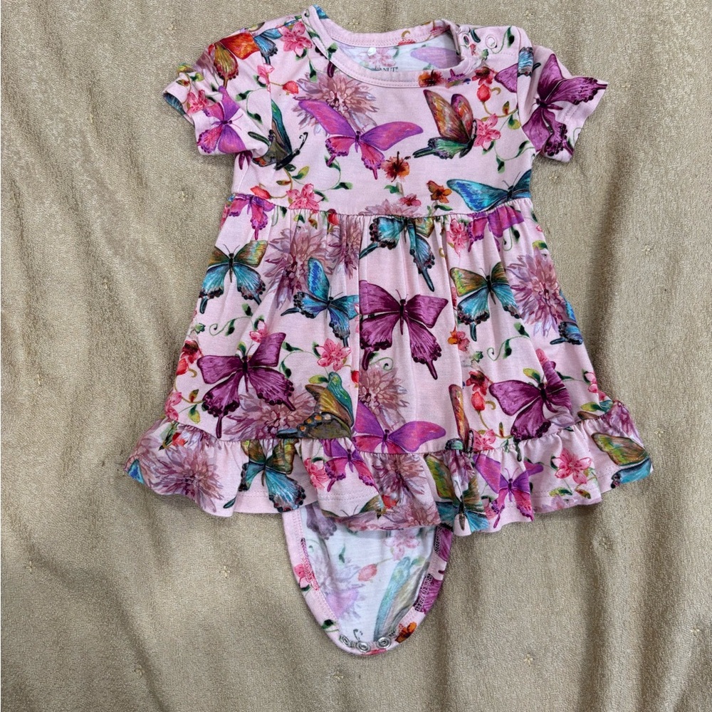 Posh Peanut Pink Floral & Butterfly Baby Dress Onesie